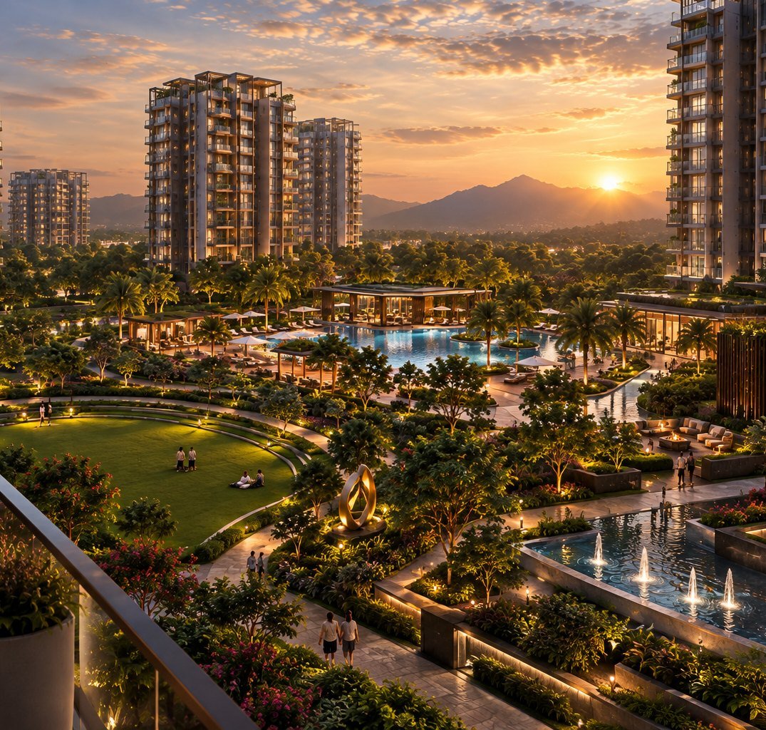 Illustrative view of a landscaped residential township at sunset