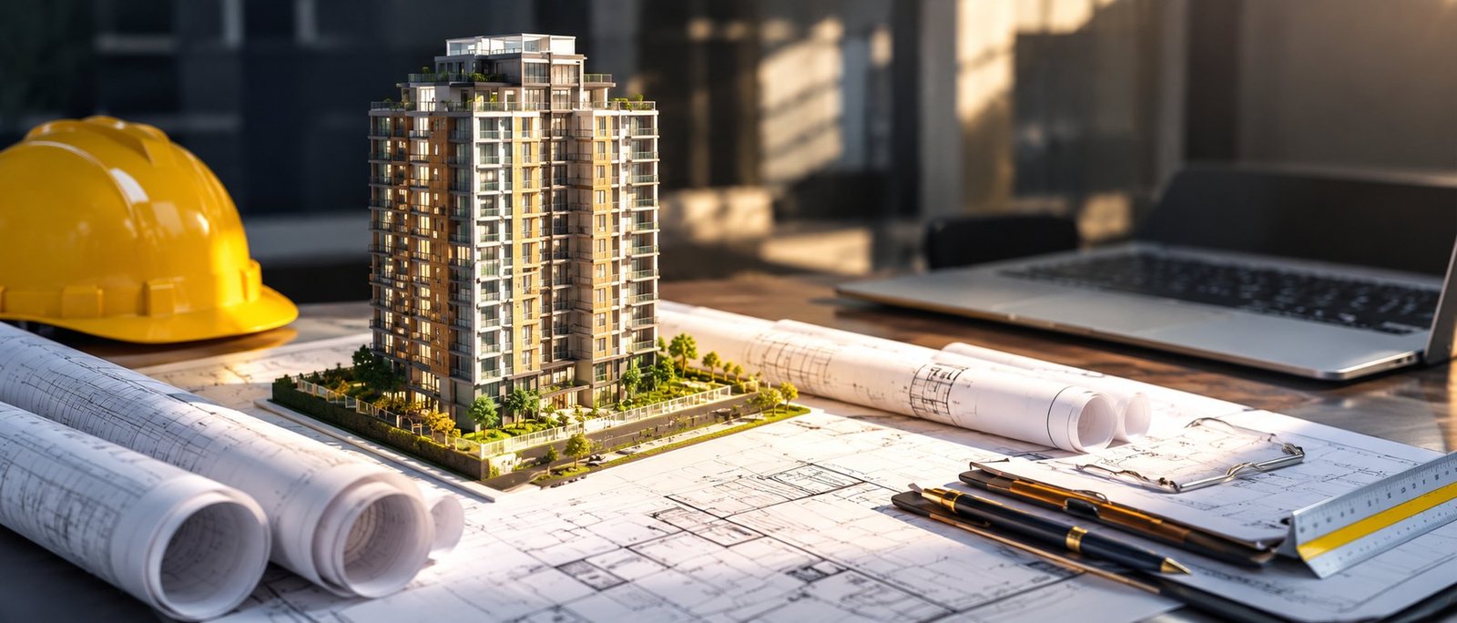Illustrative building model with plans and hard hat