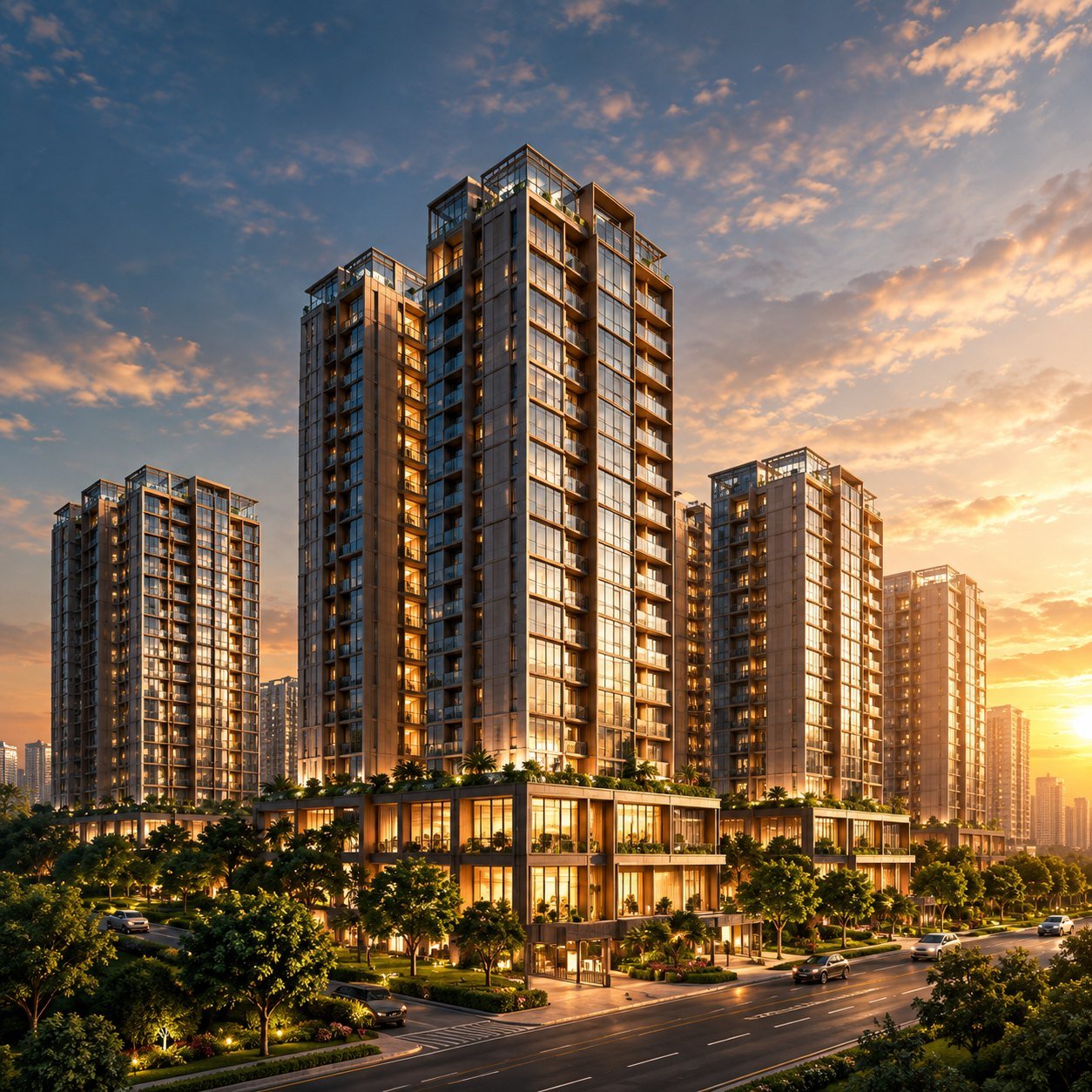 Illustrative residential towers at sunset